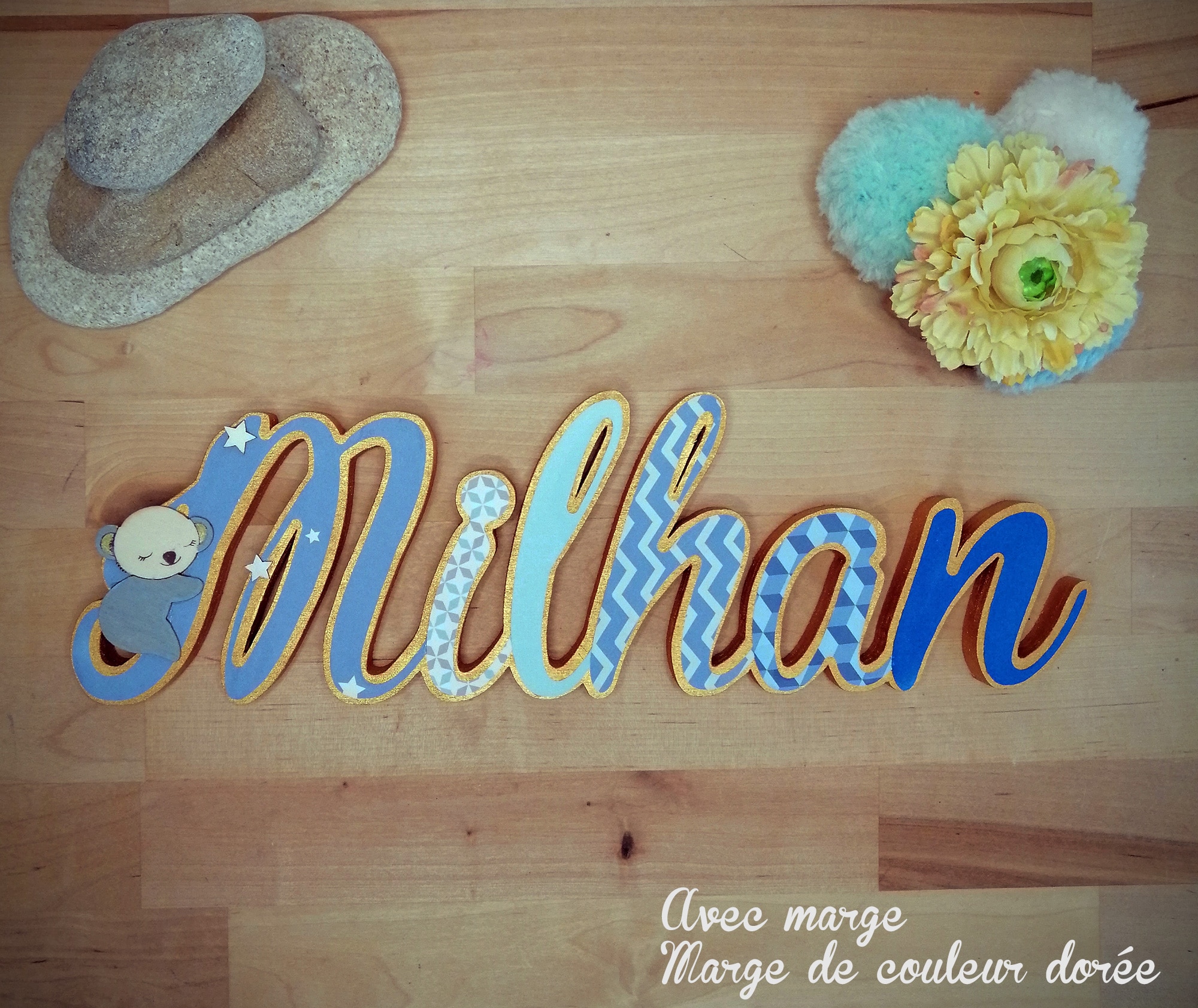 Prénom en bois - Milhan - Apatite avec marge dorée