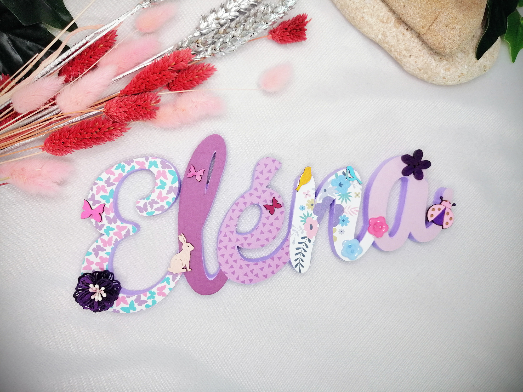 Prénom en bois Eléna couleurs lilas