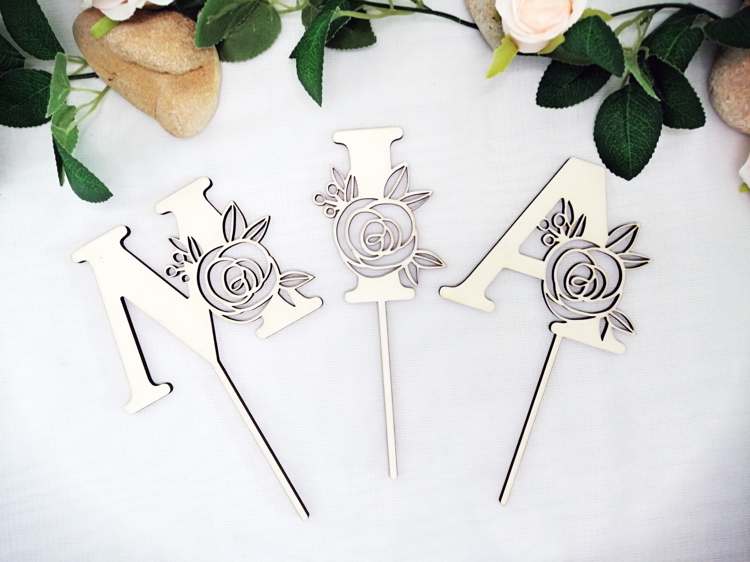 Cake Topper en bois - Lettre florale