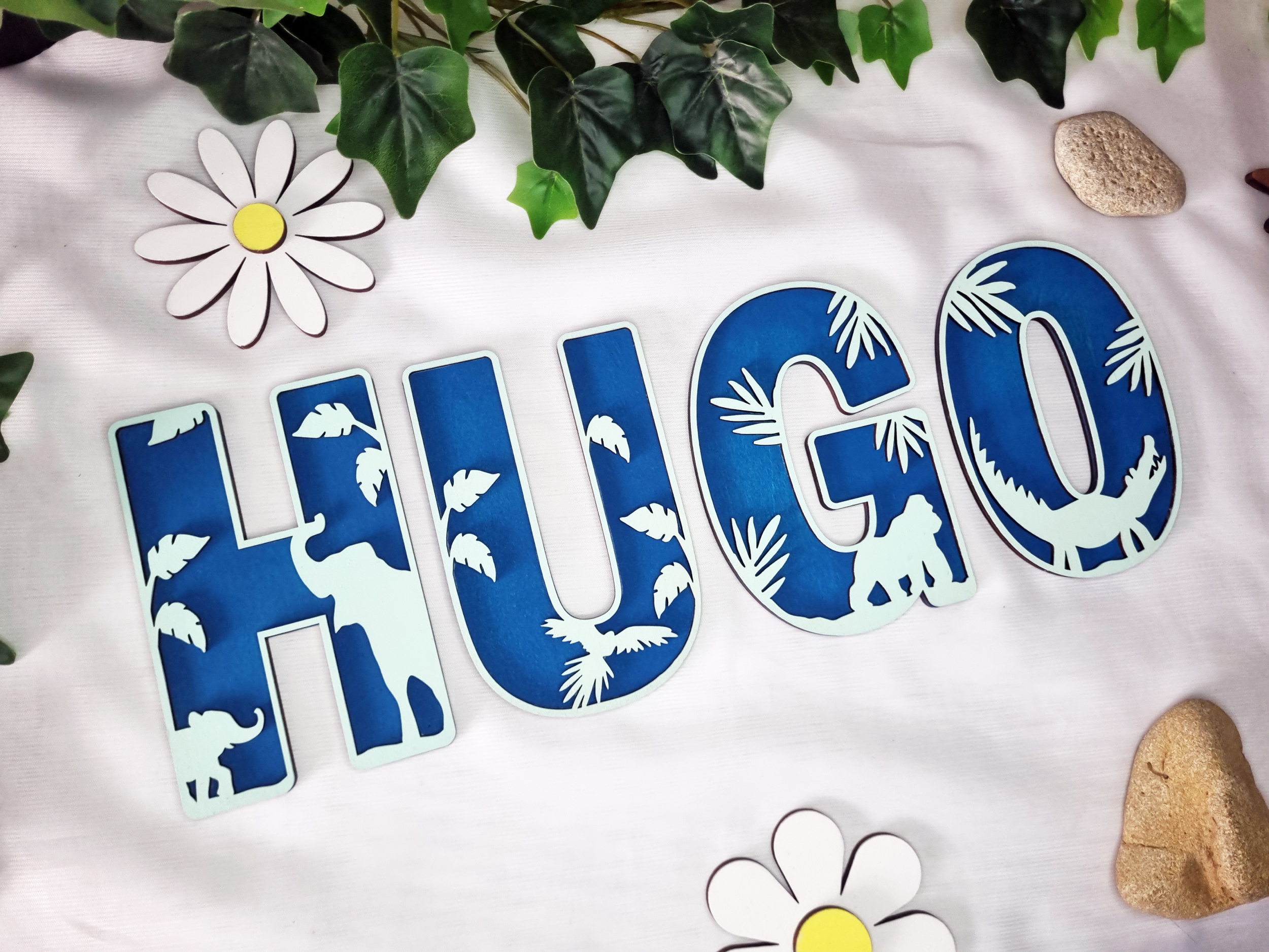 Prénom en bois dinosaure - Bleu canard / Vert d'eau