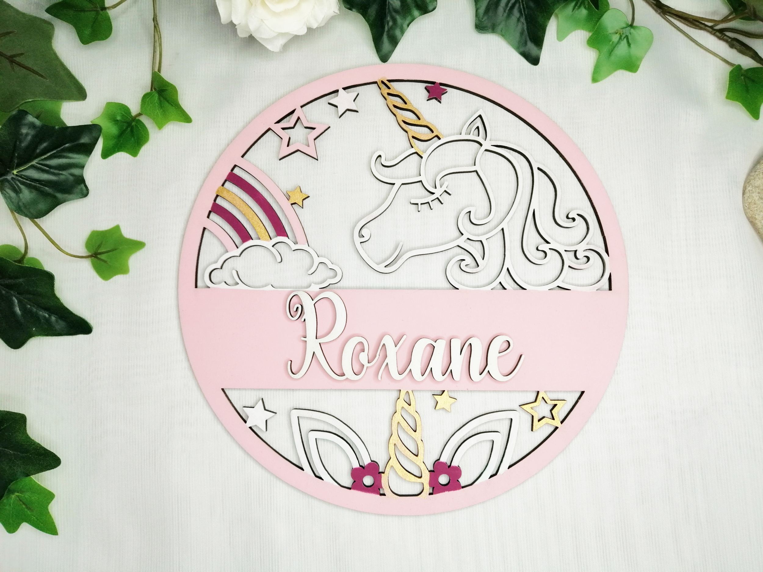 Couronne en bois licorne avec prénom personnalisé